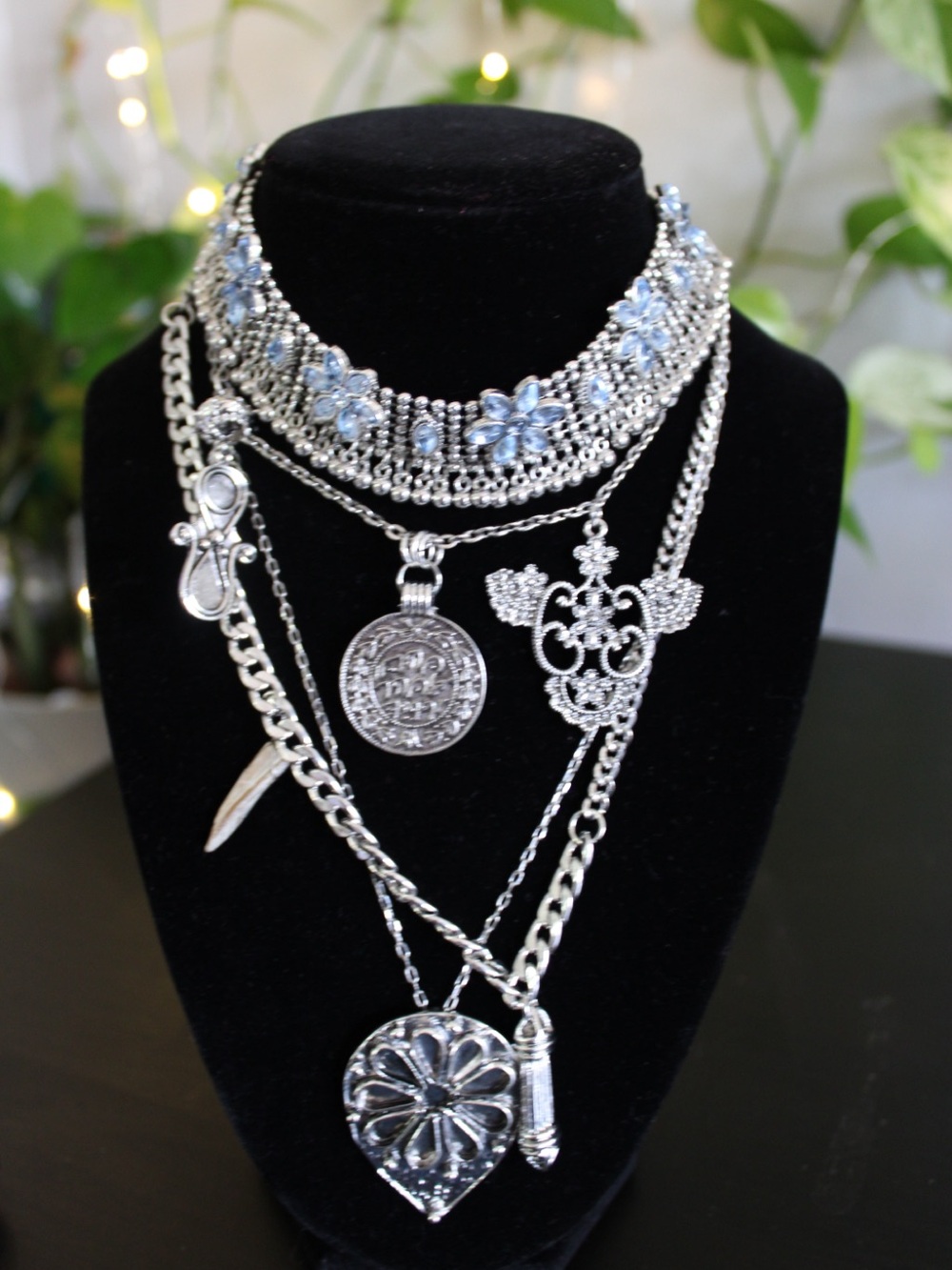 Free People x Adriana Ost Blue Crystal Layered Statement Necklace - Picture 3 of 8